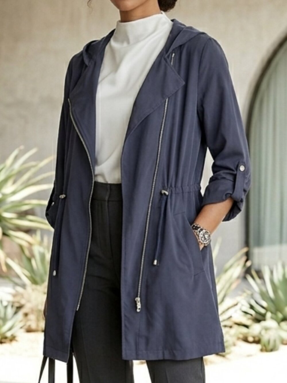 Gorpcore Asymmetric Zip Hooded Utility Jacket Cinch Waist Slate Blue